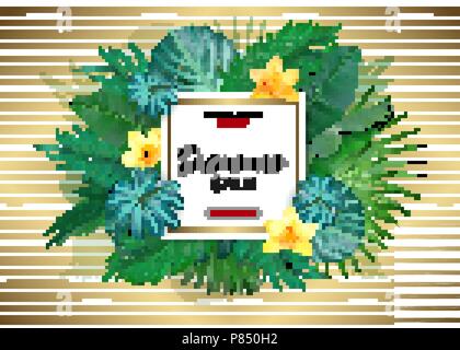 Sale. Square summer sale tropical leaves frame on gold striped backdrop. Tropical flowers, leaves and plants background Stock Vector