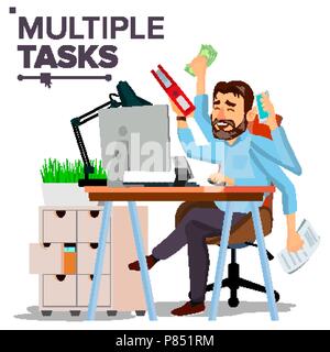 Multiple Tasks Businessman Vector. Many Hands. Efficiency And Productivity. Plodding Worker. Flat Cartoon Illustration Stock Vector