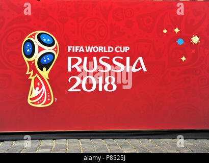 MOSCOW, RUSSIA - JULY 02: FIFA World cup Russia 2018 red sign in Moscow on July 2, 2018. Stock Photo