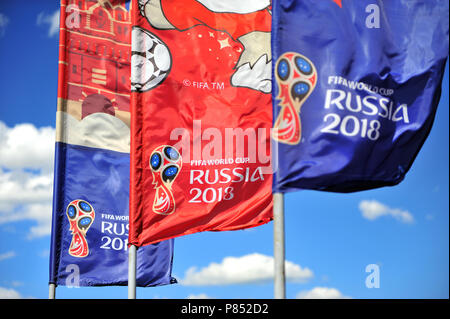 MOSCOW, RUSSIA - JULY 02: Symbols of FIFA World Cup Russia 2018 in the sky, Moscow on July 2, 2018. Stock Photo