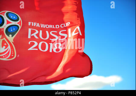 MOSCOW, RUSSIA - JULY 02: Logo of FIFA World Cup Russia 2018 in the sky, Moscow on July 2, 2018. Stock Photo