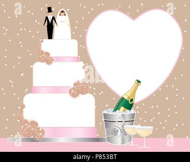 an illustration of a wedding tea celebration with wedding cake champagne bucket and champagne glasses on a confetti background Stock Vector