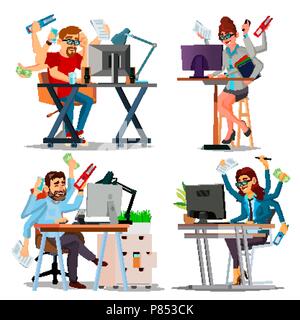 Multiple Tasks Business Concept Vector. Set Person. Many Hands Doing Tasks. Professional Occupation. Skill Of Multitasking. Financial Occupation. Talented Worker. Plodding Worker. Cartoon Illustration Stock Vector