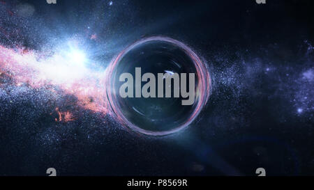 black hole with gravitational lens effect in front of bright stars Stock Photo