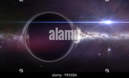 black hole with gravitational lens effect and the Milky Way galaxy Stock Photo
