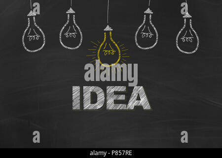 Idea written with chalk and yellow and white light bulbs painted on dirty black chalkboard Stock Photo