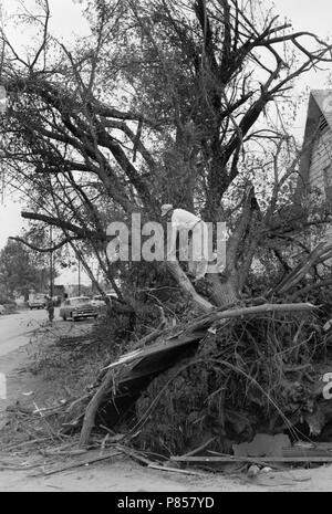 Tornado aftermath in suburban Kansas City, Missouri, ca. 1957. Stock Photo