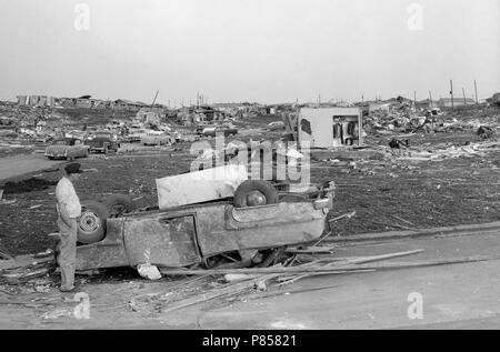 Tornado aftermath in suburban Kansas City, Missouri,  ca. 1957. Stock Photo