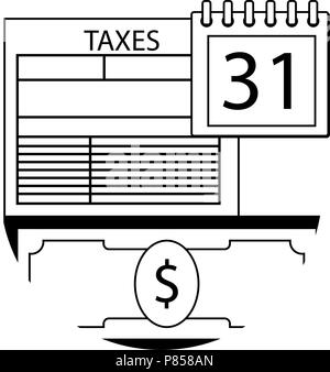 Tax pay day icon line. Tax form dollar banknote and calendar. Vector illustration Stock Vector