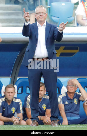 NIZHNY NOVGOROD, RUSSIA - JUNE 18: Sweden national team head coach Janne Andersson gestures during the 2018 FIFA World Cup Russia group F match between Sweden and Korea Republic at Nizhny Novgorod Stadium on June 18, 2018 in Nizhny Novgorod, Russia. Stock Photo