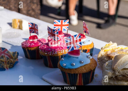 Fairly cakes with Union flags, street party,  wedding of Prince Harry and Meghan Markle, May 19th., 2018, Fullers Road, London E18, England. Stock Photo