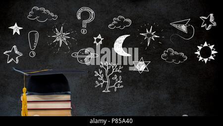 Education drawing on blackboard for school with graduation hat and books Stock Photo