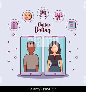 cellphones with avatar couples with online dating related icons around over blue background, colorful design. vec Stock Vector