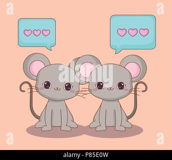 Kawaii  pig and bear with speech bubble with hearts icons. vector illustration Stock Vector