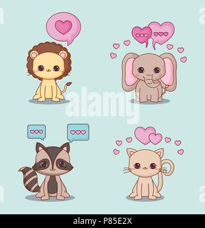 icon set of kawaii animals and hearts over blue background, vector illustration Stock Vector