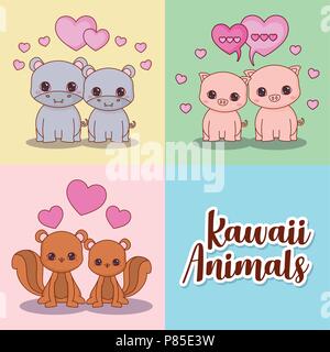 icon set of kawaii in love couple of animals over colorful squares, vector illustration Stock Vector