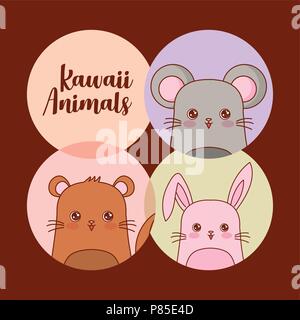 icon set of kawaii animals over colorful circles and brown background, vector illustration Stock Vector