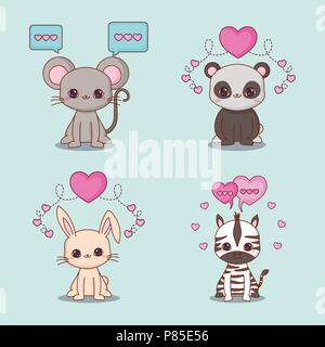 icon set of kawaii animals and hearts over blue background, vector illustration Stock Vector