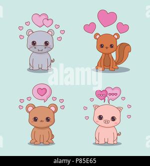 icon set of kawaii animals and hearts over blue background, vector illustration Stock Vector