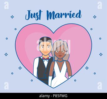 Heart with just married couple over blue background, colorful design. vector illustration Stock Vector