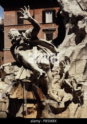 Detalle de la base de la Fuente de los Cuatro Rios: Rio de la Plata I. Plazza Navona, Roma. Stock Photo