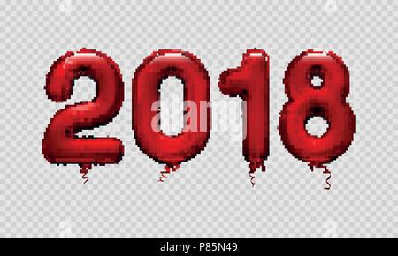 Stock vector illustration realistic 3D red metallic numbers balloons 2018 Isolated on a transparent checkered background. Happy New Year. Greeting car Stock Vector