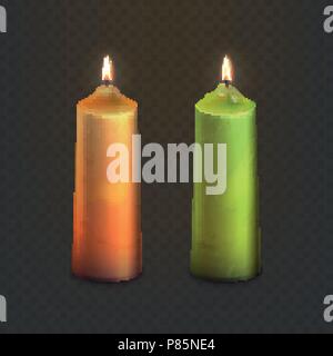 Stock vector illustration realistic old candles green and orange Isolated on a transparent checkered background. EPS10 Stock Vector