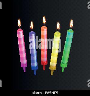 Stock vector illustration realistic 3D Birthday set multicolor candles Isolated on a transparent checkered background. Stock Vector