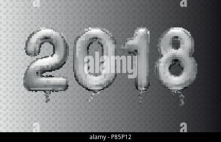 Stock vector illustration realistic 3D silver metallic numbers balloons 2018 Isolated on a transparent checkered background. Happy New Year. Greeting  Stock Vector