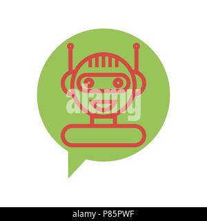 Red Line Chat Bot Icon on Speech Bubble. Artificial Intelligence Concept. Smiling Chatbot. Robot Virtual Assistance Stock Vector