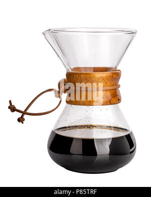 Vintage glass original coffee glass maker with hot brown beverage isolated on the white background. Chemex Stock Photo