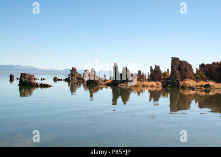 Mono Lake's most distinctive feature are the eerie tufa towers - mineral structures created by freshwater springs bubbling up through alkaline waters. Stock Photo