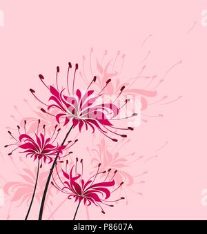 Vector illustration of floral decoration on a pink background, red flower higanbana Stock Vector