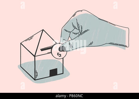 Investment of home purchase. Minimalist illustration concept. It shows metaphor of investment, with hand introducing currency in a household piggy. Stock Photo