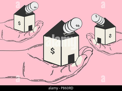 Financial concept of investments in buying housing. Press illustration. Illustration shows hands holding homes that generate money and money. Stock Photo