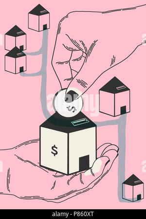 Monetary investment of the client in the purchase of a home. Minimalist conceptual illustration. Show a hand investing money in a house object. Stock Photo