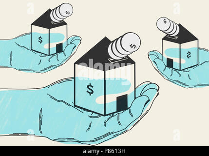 Invest money in housing purchase. Conceptual and minimalist illustration. Abstract business and economy concept. Shows hands holding houses for sale . Stock Photo