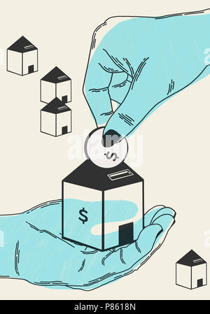 Secure monetary investment in home purchase. Minimalist conceptual illustration. Show a hand by inserting a coin into an investment house. Safe value  Stock Photo