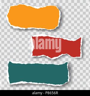 Three torn sheets of paper of different colors with shadow, isolated on a transparent background, suitable for infographics - vector Stock Vector