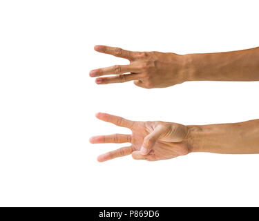 Clipping path hand gestures isolated on white background. Hand making number three sign or symbol gesture. Back hand front gesture.