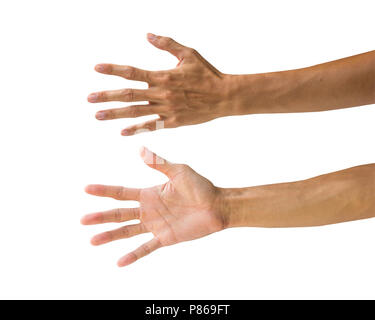 Clipping path hand gestures isolated on white background. Hand making number five sign or symbol gesture. Back hand front gesture. Stock Photo