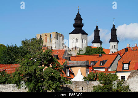 Towers of the Visby cathedral over the roof tops of medieval hanseatic town in Gotland Island, Sweden. Stock Photo