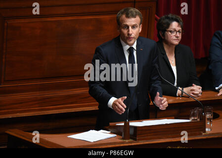 Versailles, France. 9th July, 2018. French President Emmanuel Macron delivers a speech to the French Congress, which consists of both representatives from the National Assembly and the Senate. Le president francais Emmanuel Macron s'adresse au Congres. *** FRANCE OUT / NO SALES TO FRENCH MEDIA *** Credit: Idealink Photography/Alamy Live News Stock Photo