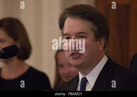 Washington, District of Columbia, USA. 9th July, 2018. BRETT KAVANAUGH delivers remarks after United States President Donald J. Trump announces his nomination to be Associate Justice of the United States Supreme Court in the East Room of the White House. Kavanaugh, a federal appeals court judge is an ideological conservative who is expected to push the court to the right on a number of issues. Credit: Alex Edelman/CNP/ZUMA Wire/Alamy Live News Stock Photo