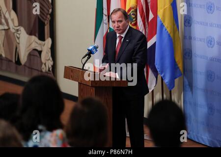 United Nations, New York, USA, July 09 2018 - Stefan Lofven, Prime Minister of Sweden and President of the Security Council for the month of July, briefs press before the Security Council meeting on Children and armed conflict today at the UN Headquarters in New York City. Photos: Luiz Rampelotto/EuropaNewswire | usage worldwide Stock Photo