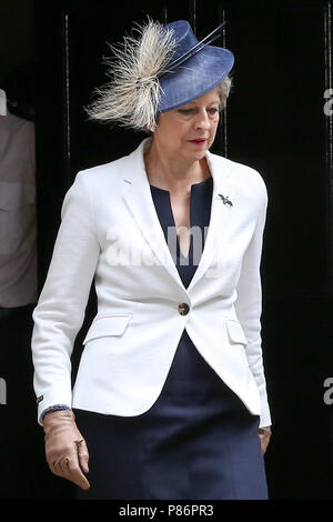 Downing Street. London. UK 10 July 2018 - Prime Minister Theresa May departs from Number 10 Downing Street to attend the RAF100 Service at Westminster Abbey.   Credit: Dinendra Haria/Alamy Live News Stock Photo