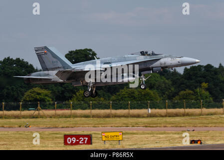 Royal Canadian Air Force CF-18A Hornet fighter jet arriving for the Royal International Air Tattoo, RIAT 2018, RAF Fairford airshow Stock Photo
