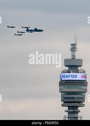 London, England, June 10th 2018, aircraft of the Battle of Britain Memorial Flight pass the BT Tower on their way to pass over Buckingham Palace to celebrate the 100th Anniversary of the Royal Air Force (RAF) Credit: Louis Berk/Alamy Live News Stock Photo