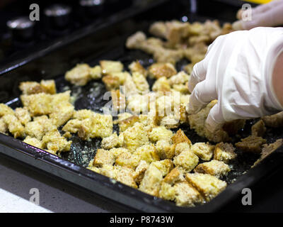 Hands in gloves are mixed with croutons for Caesar salad in the garlic sauce Stock Photo