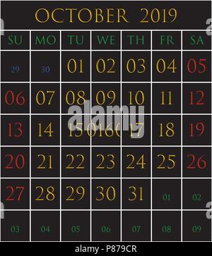 2019 Calendar for the month of October on black background Stock Vector